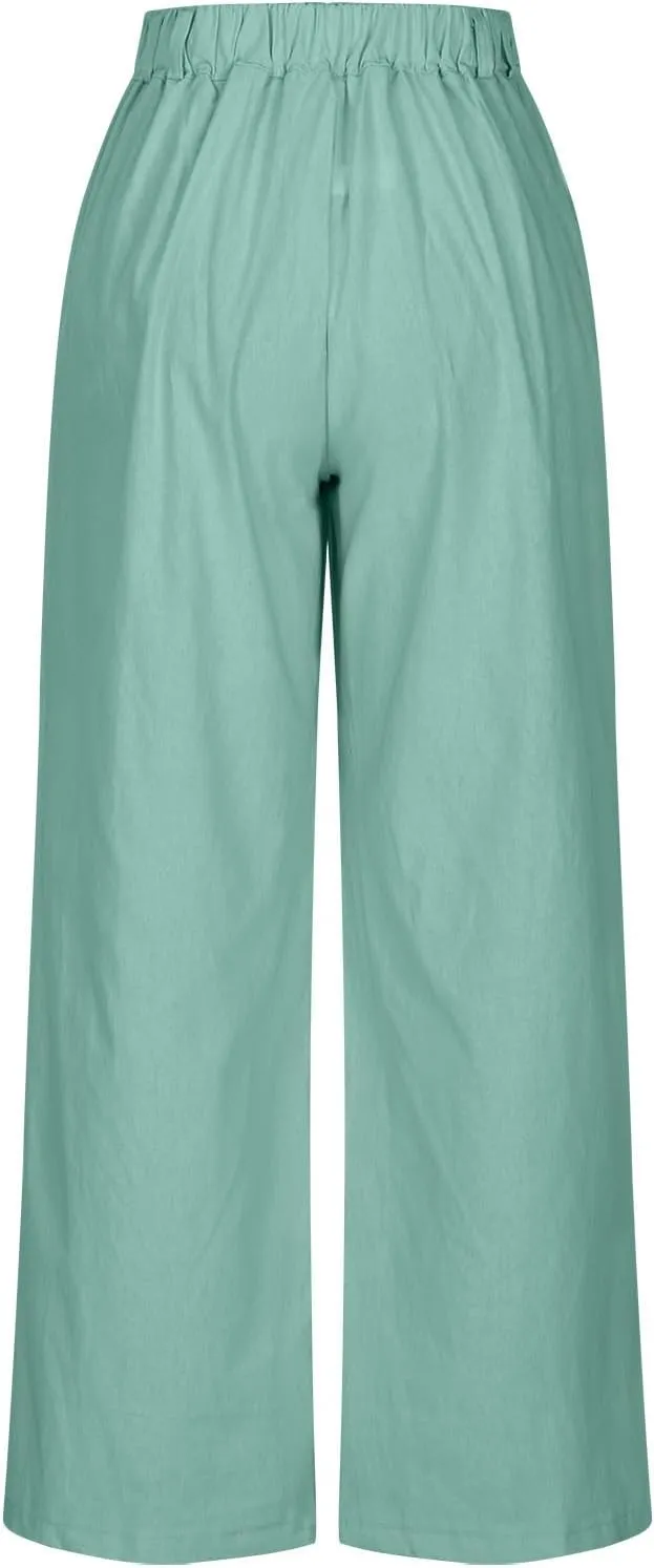 Women's Linen Pants Wide Leg Casual Summer Palazzo Pants Elastic Waist Dressy Lounge Work Trousers with Pockets