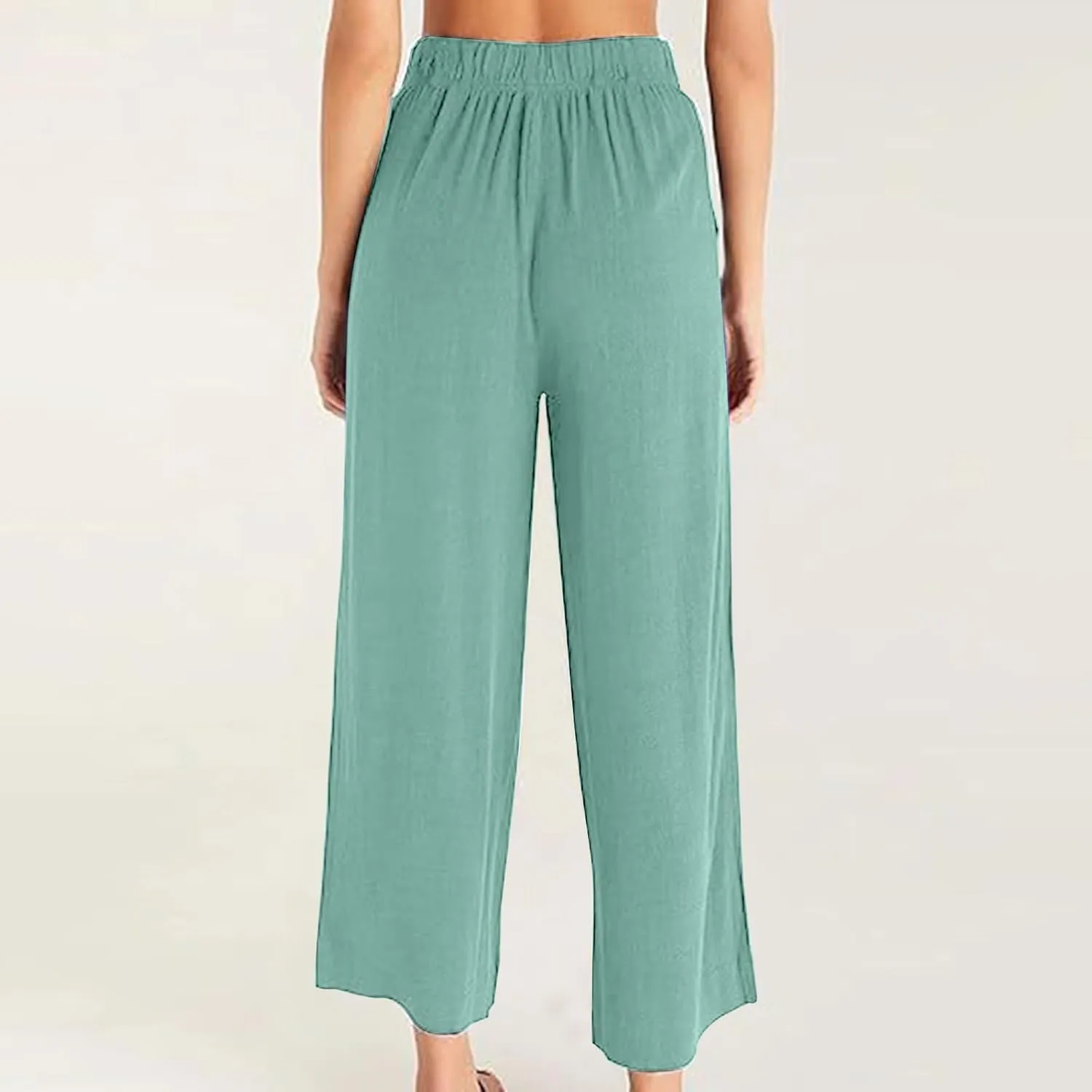 Women's Linen Pants Wide Leg Casual Summer Palazzo Pants Elastic Waist Dressy Lounge Work Trousers with Pockets