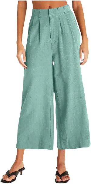 Women's Linen Pants Wide Leg Casual Summer Palazzo Pants Elastic Waist Dressy Lounge Work Trousers with Pockets