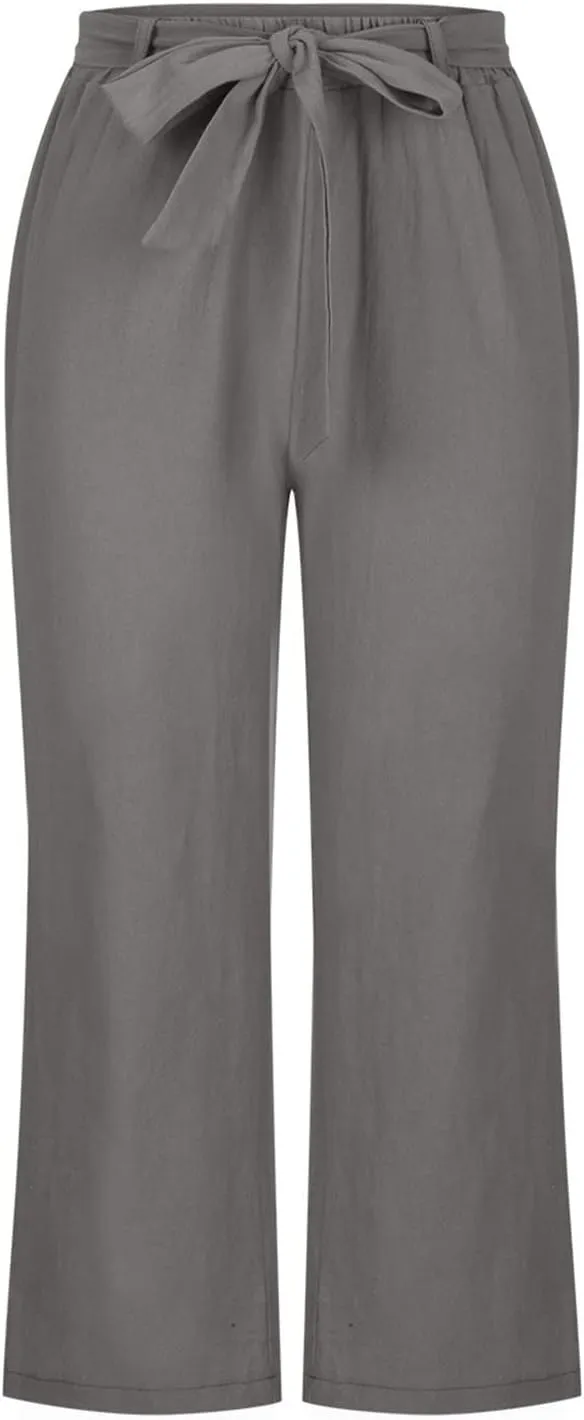 Womens Linen Summer Boho Palazzo Pants Elastic Waisted Long Lounge Loose Fit Trouser Vacation