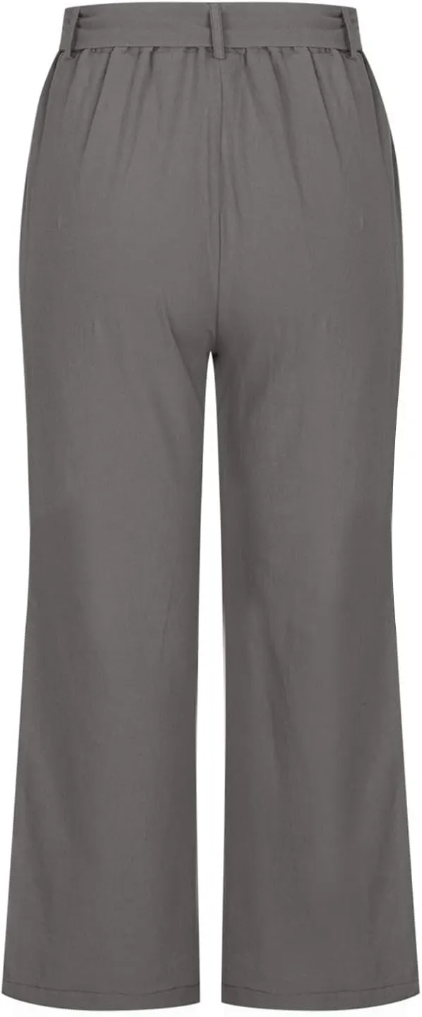Womens Linen Summer Boho Palazzo Pants Elastic Waisted Long Lounge Loose Fit Trouser Vacation