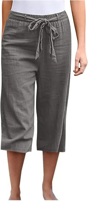 Womens Linen Summer Boho Palazzo Pants Elastic Waisted Long Lounge Loose Fit Trouser Vacation