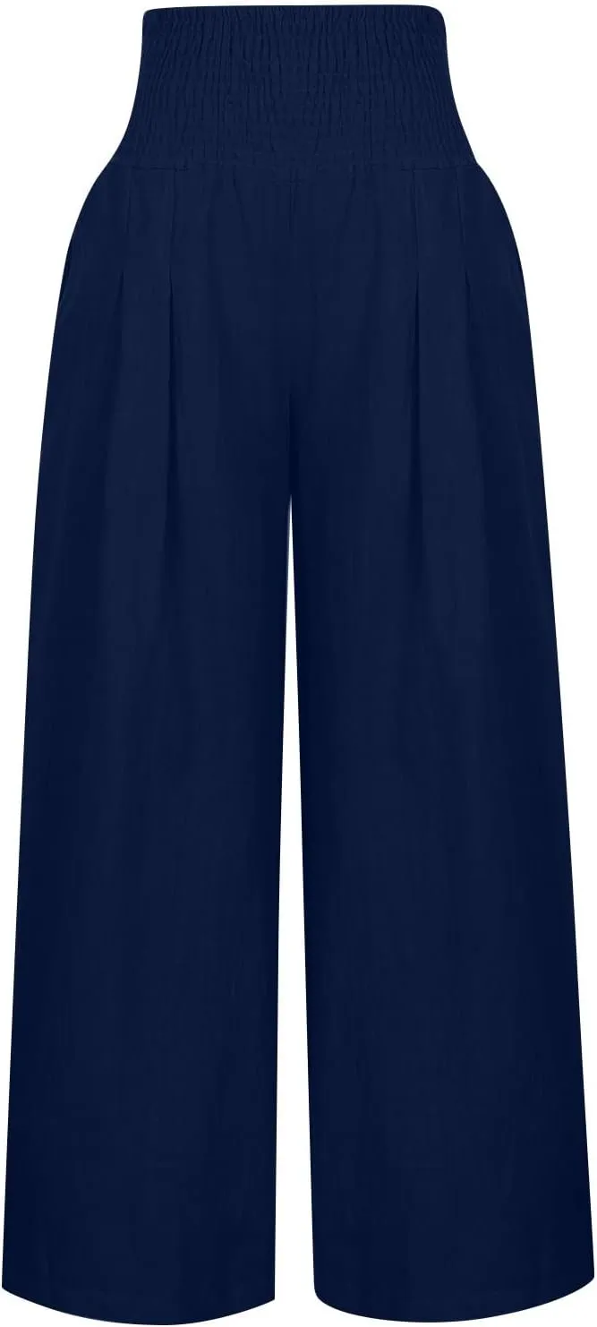 Womens Linen Summer Casual Flowy Pant Trousers High Waist Long Lounge Loose Fit Palazzo Lounge Pants Office