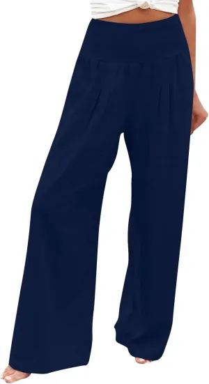 Womens Linen Summer Casual Flowy Pant Trousers High Waist Long Lounge Loose Fit Palazzo Lounge Pants Office