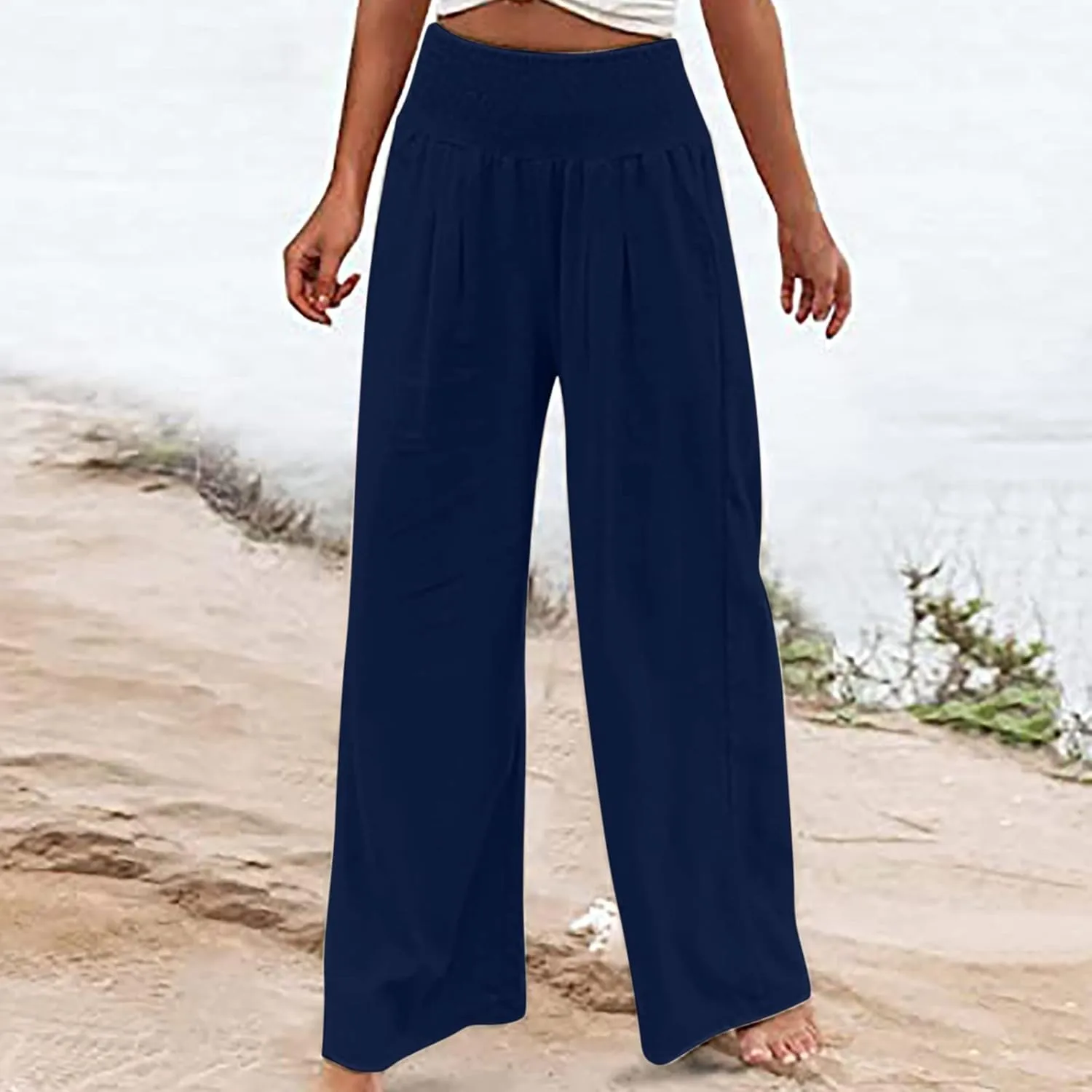 Womens Linen Summer Casual Flowy Pant Trousers High Waist Long Lounge Loose Fit Palazzo Lounge Pants Office