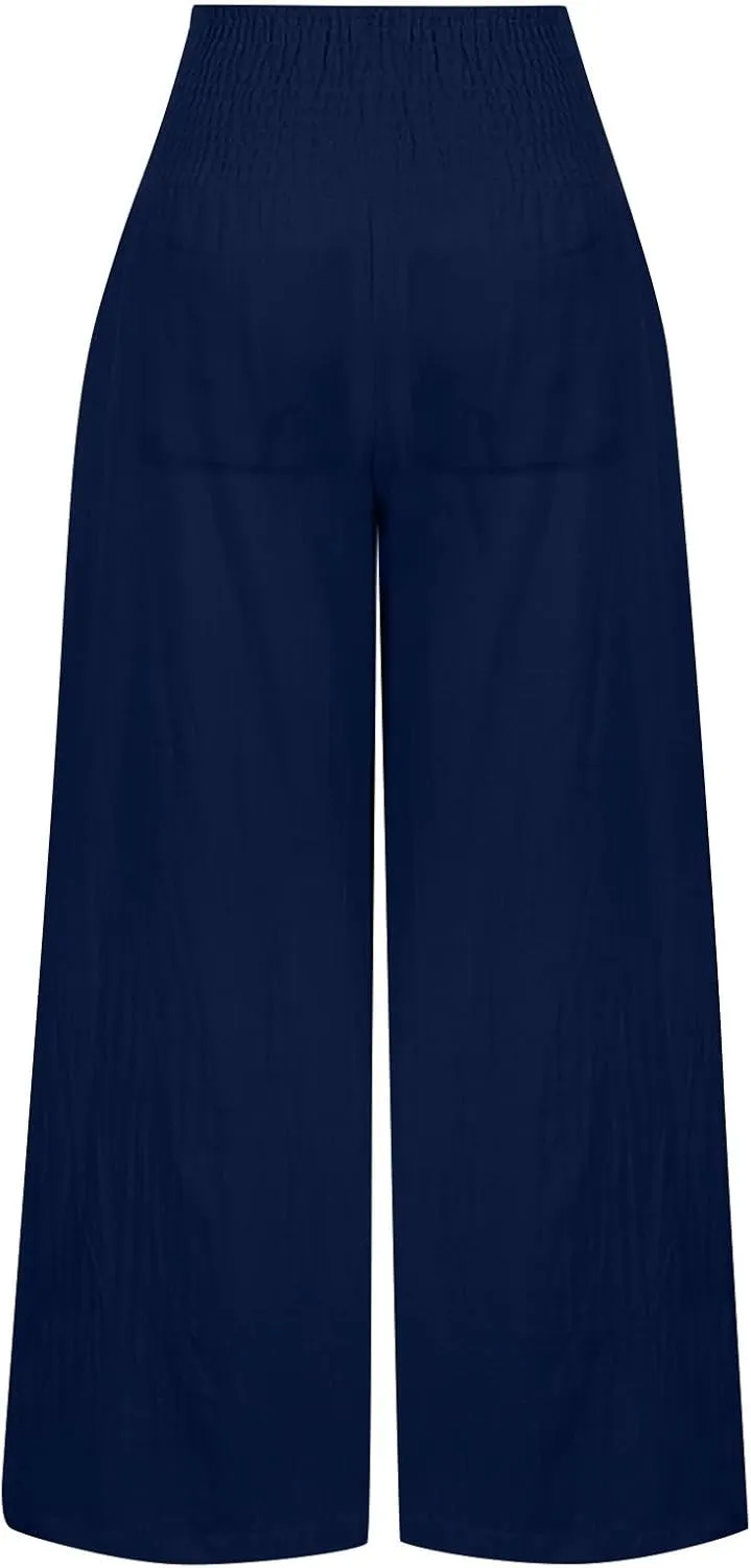 Womens Linen Summer Casual Flowy Pant Trousers High Waist Long Lounge Loose Fit Palazzo Lounge Pants Office