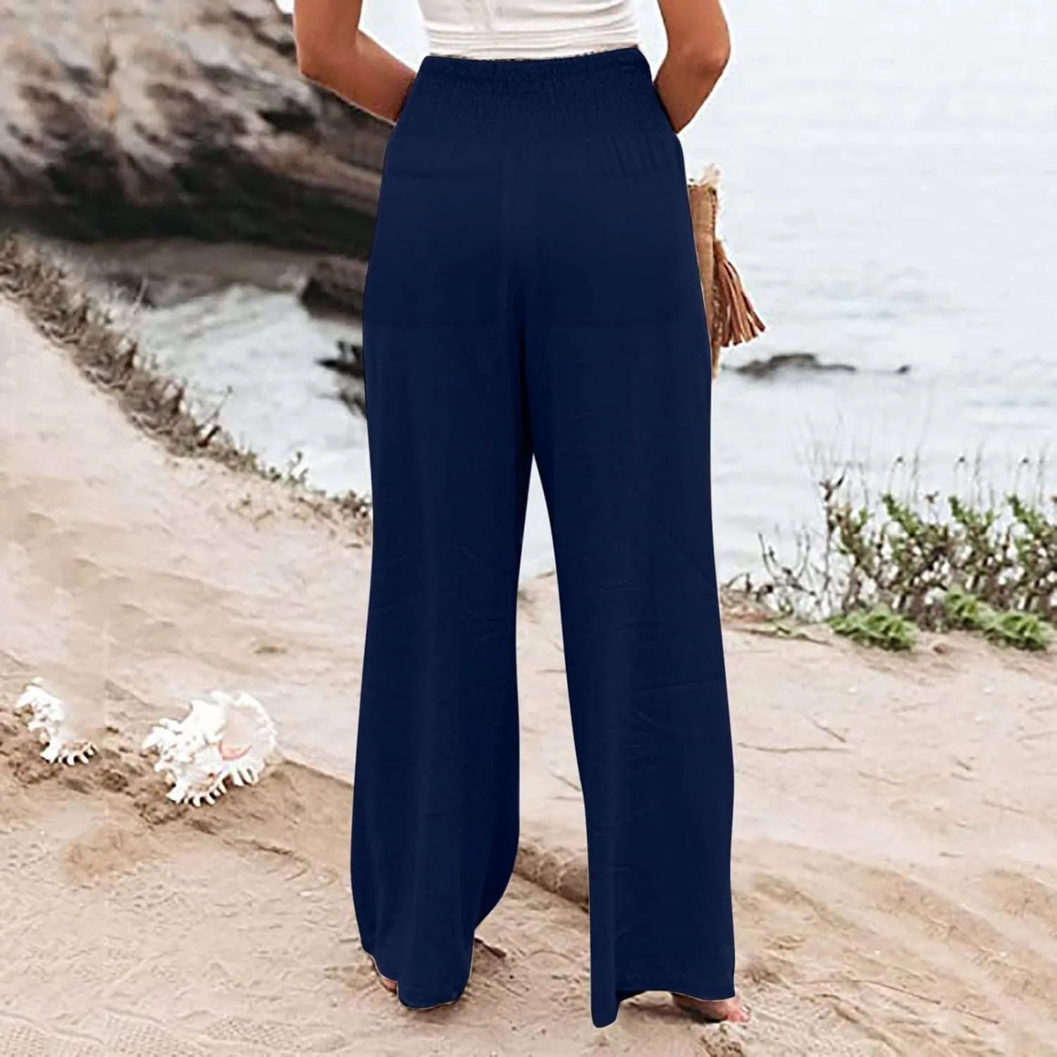 Womens Linen Summer Casual Flowy Pant Trousers High Waist Long Lounge Loose Fit Palazzo Lounge Pants Office