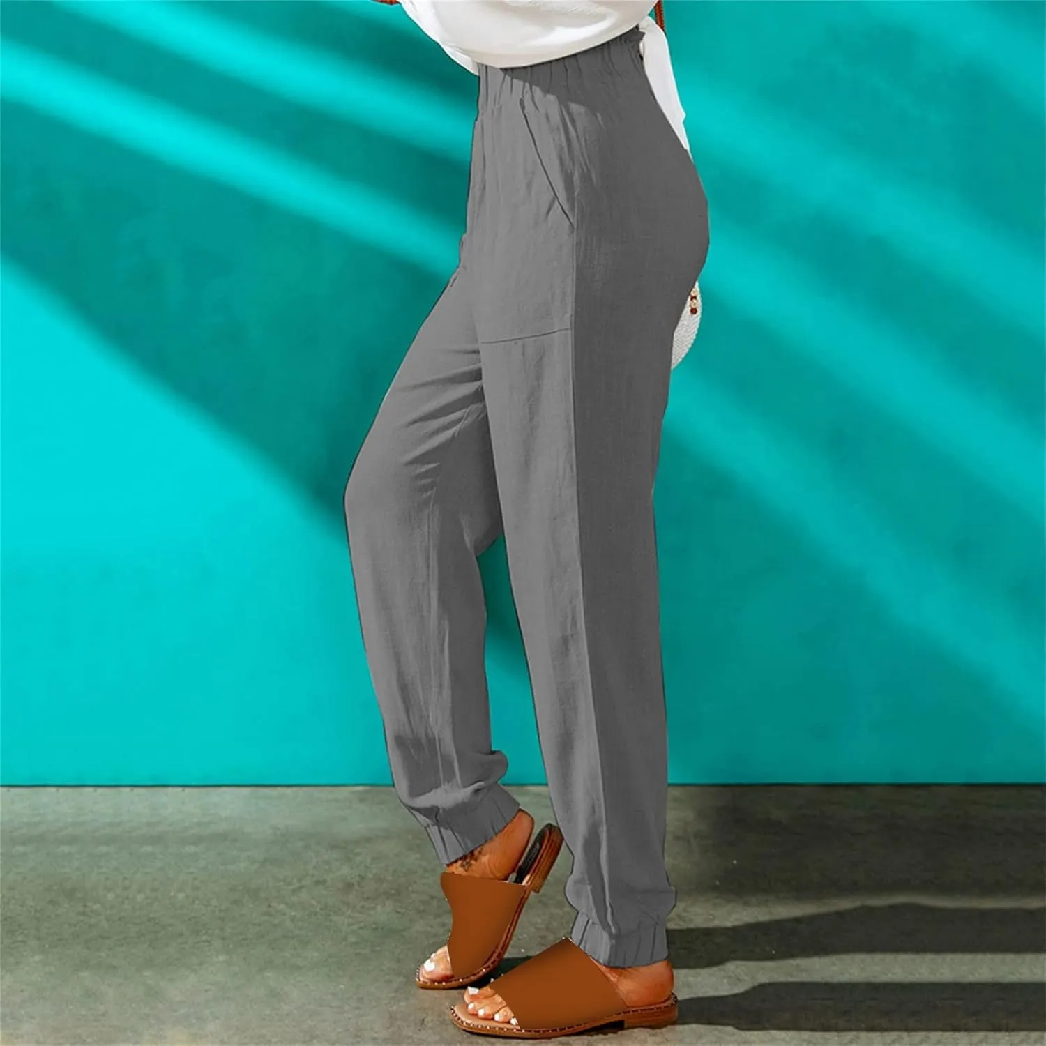 Womens Linen Summer Solid Pant Trousers High Waist Stretchy Straight Slim-Fit Pants Trendy