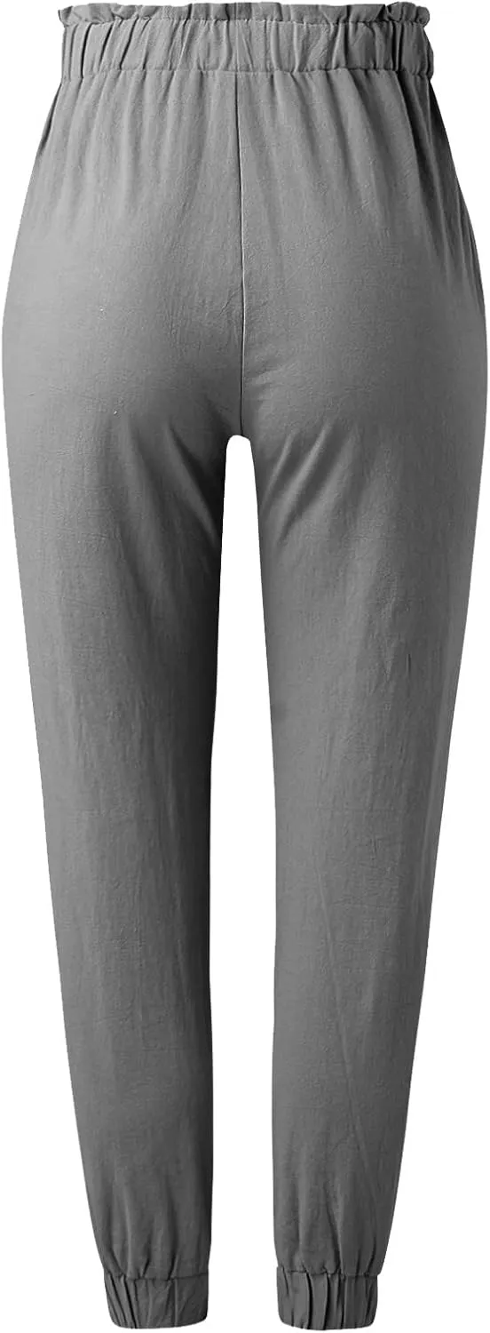 Womens Linen Summer Solid Pant Trousers High Waist Stretchy Straight Slim-Fit Pants Trendy