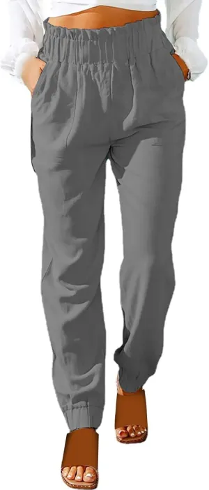 Womens Linen Summer Solid Pant Trousers High Waist Stretchy Straight Slim-Fit Pants Trendy