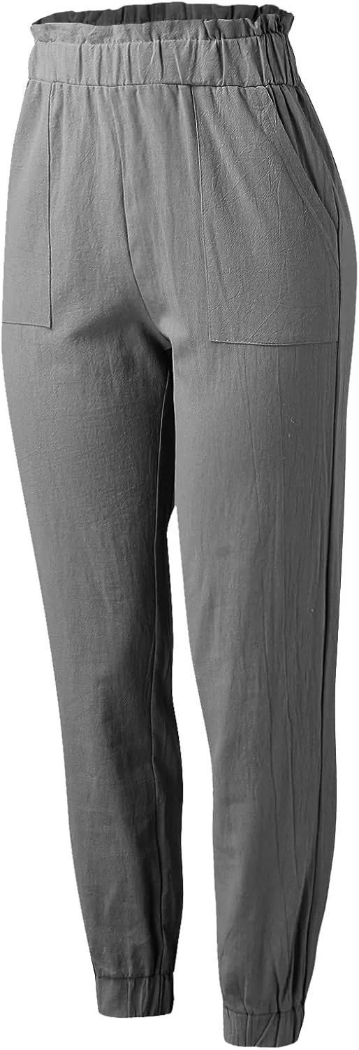Womens Linen Summer Solid Pant Trousers High Waist Stretchy Straight Slim-Fit Pants Trendy