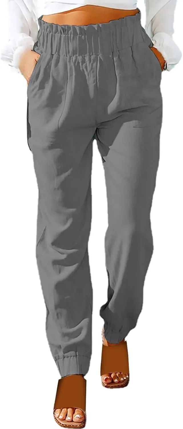 Womens Linen Summer Solid Pant Trousers High Waist Stretchy Straight Slim-Fit Pants Trendy