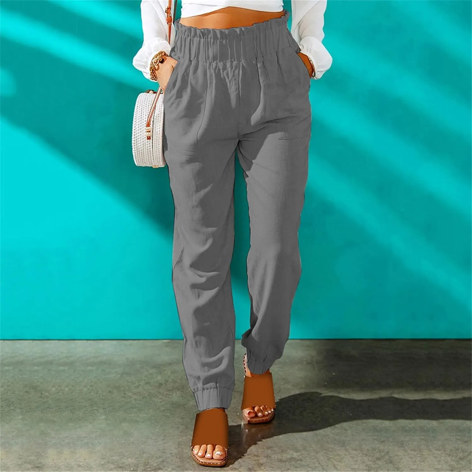 Womens Linen Summer Solid Pant Trousers High Waist Stretchy Straight Slim-Fit Pants Trendy