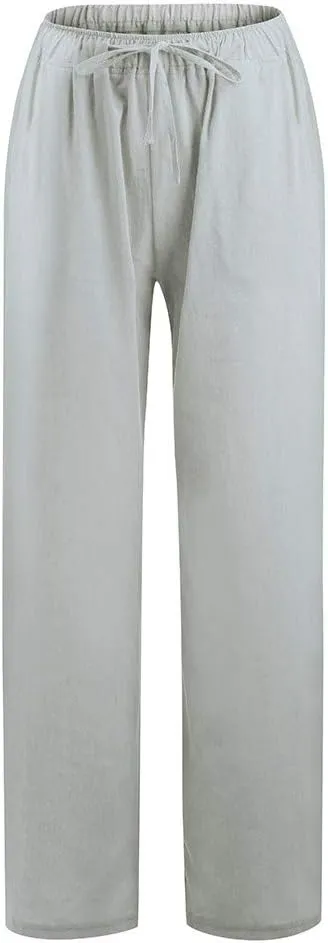 Womens Linen Wide Leg Palazzo Pants Casual Loose Drawstring Summer Beach Travel Vacation Harem Pants with Pockets
