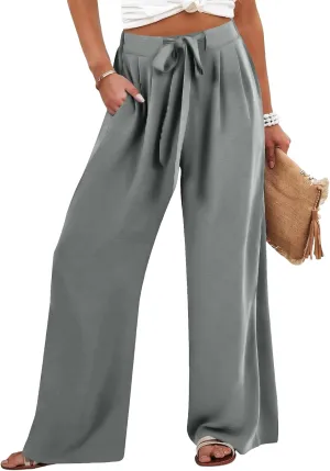 Womens Linene Cotton Pants Drawstring High Waisted Wide Leg Pant Flowy Baggy Summer Trousers with Pockets