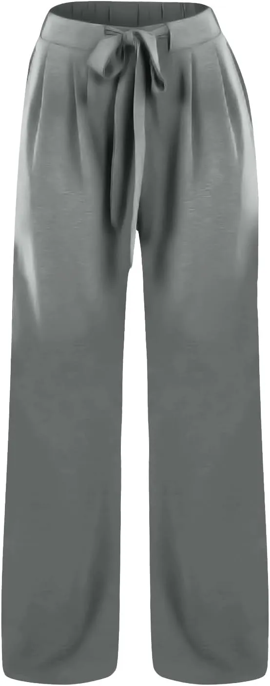 Womens Linene Cotton Pants Drawstring High Waisted Wide Leg Pant Flowy Baggy Summer Trousers with Pockets
