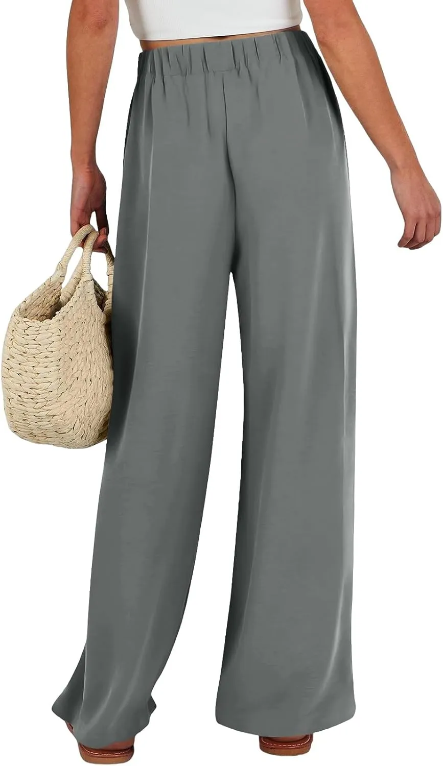 Womens Linene Cotton Pants Drawstring High Waisted Wide Leg Pant Flowy Baggy Summer Trousers with Pockets