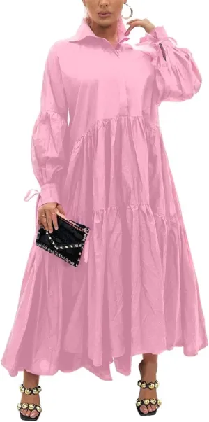 Women's Long Sleeve Maxi Shirt Dress Elegant Button Down Loose Swing Party Dress