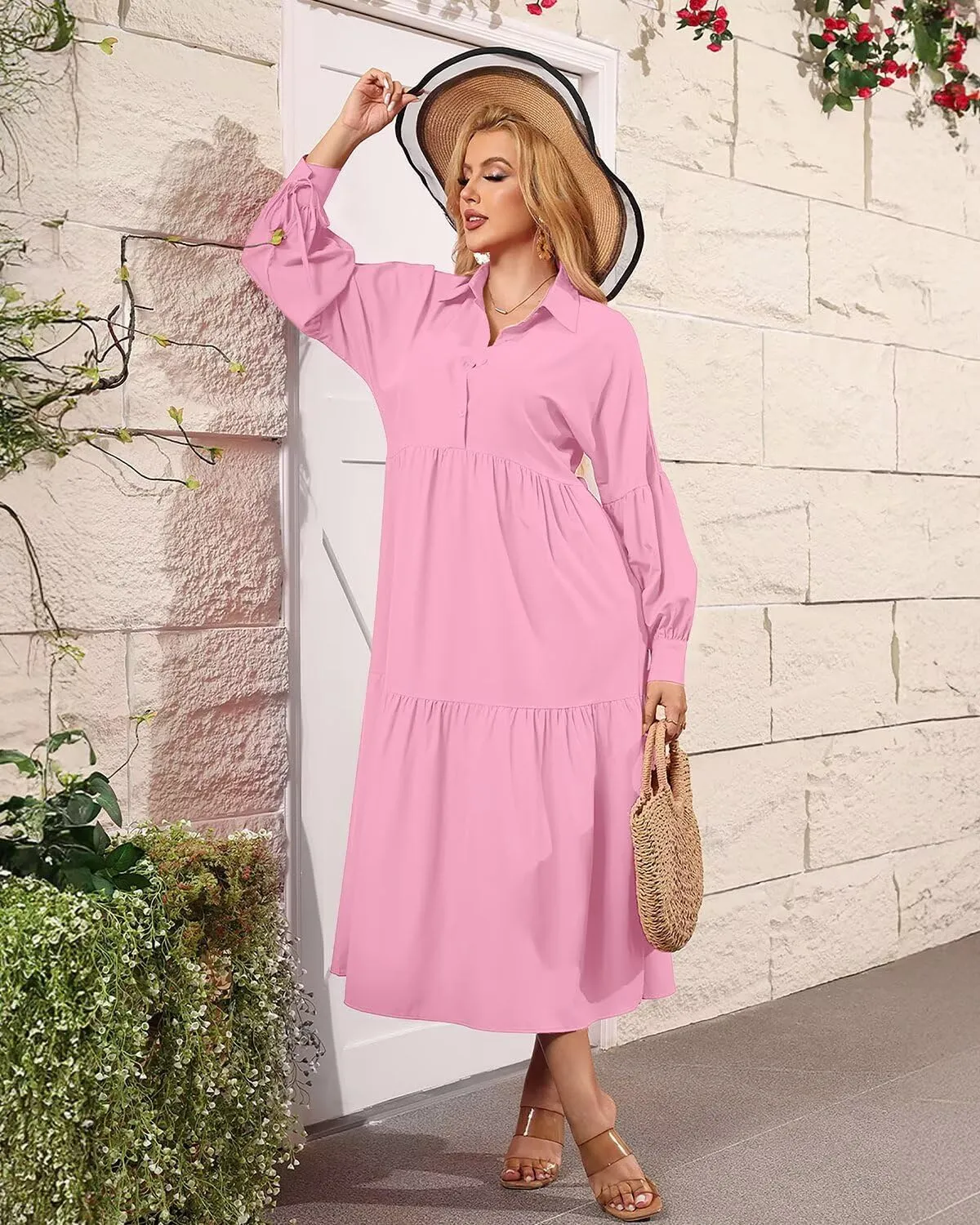 Women's Long Sleeve Maxi Shirt Dress Elegant Button Down Loose Swing Party Dress