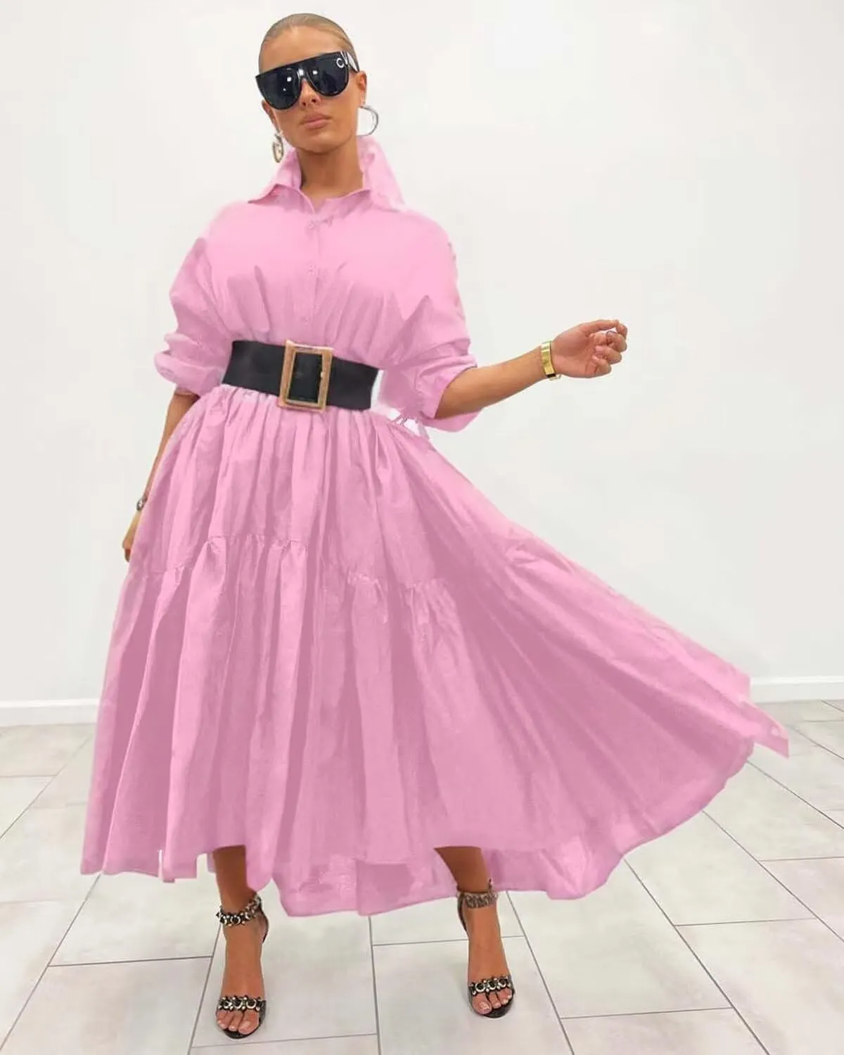 Women's Long Sleeve Maxi Shirt Dress Elegant Button Down Loose Swing Party Dress