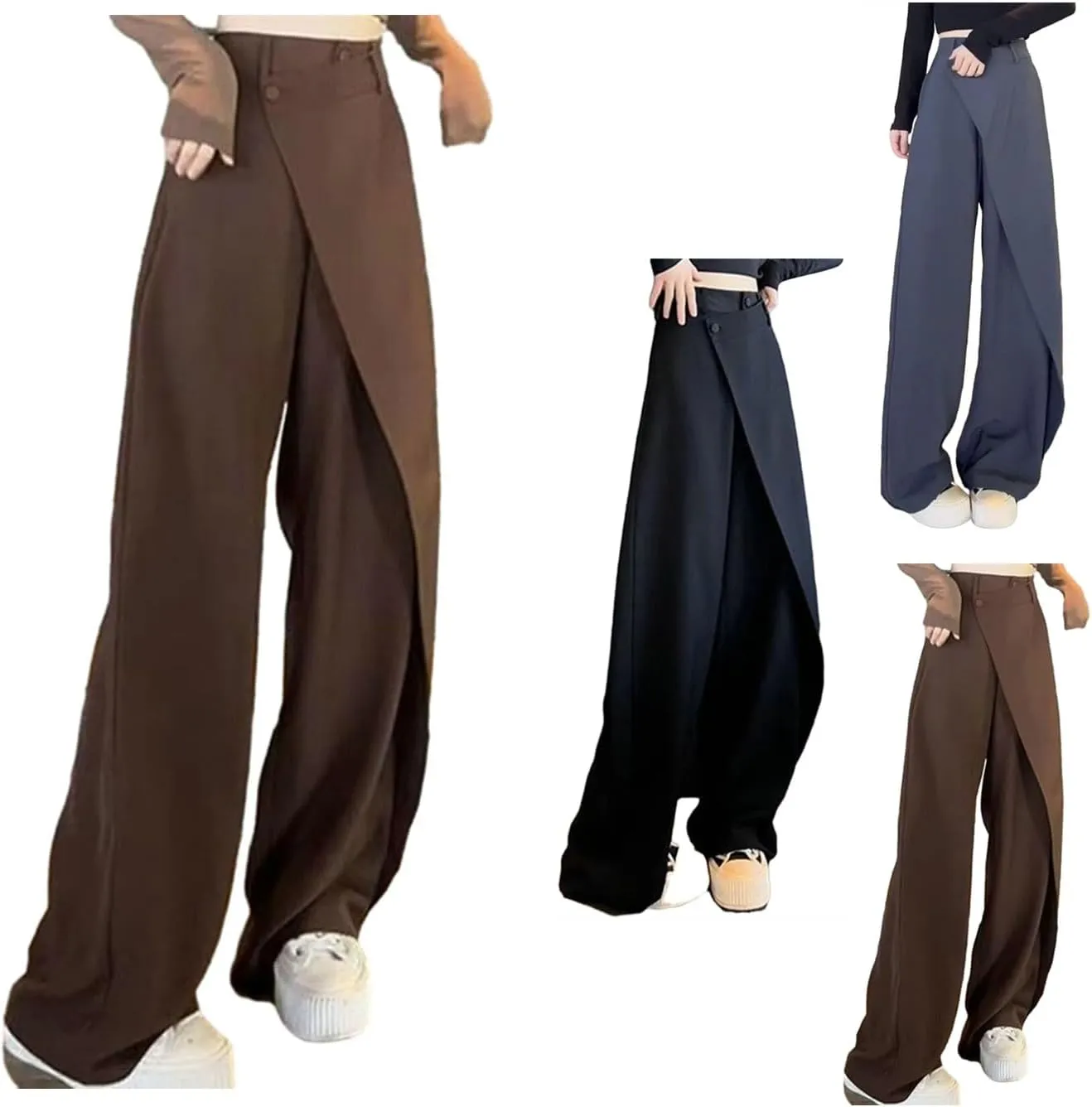 Women's Loose Cut Wide-leg Pants,Fashion Flowy Solid Color Suit Pant,Irregular Patchwork High Waist Straight Trousers
