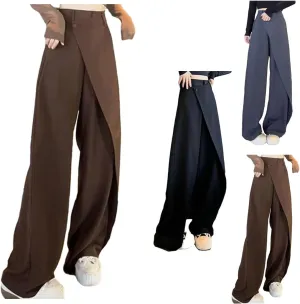 Women's Loose Cut Wide-leg Pants,Fashion Flowy Solid Color Suit Pant,Irregular Patchwork High Waist Straight Trousers