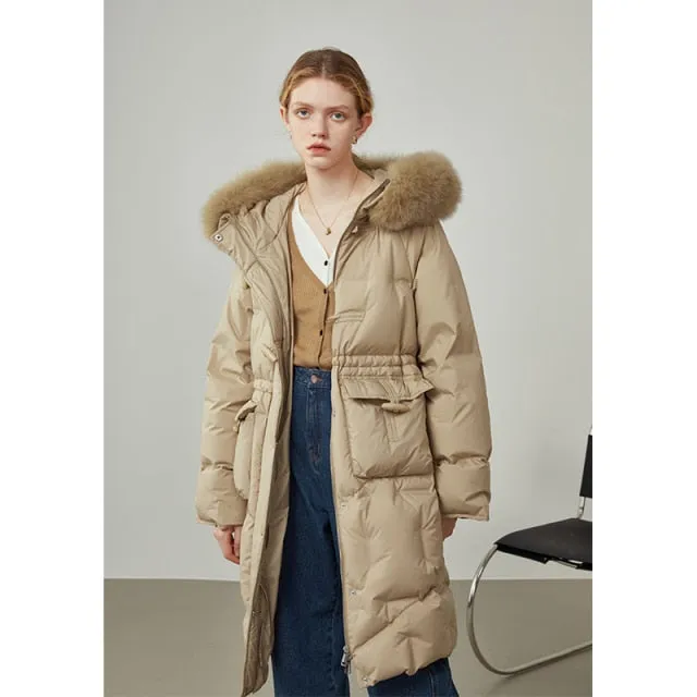 Women's Mid-length Fox Fur Collar Down Jacket Winter Horn Buckle Waist Apricot Thicken Down Coats Green Straight Coat