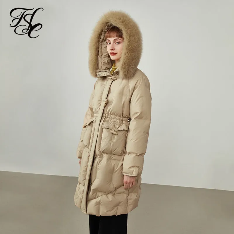 Women's Mid-length Fox Fur Collar Down Jacket Winter Horn Buckle Waist Apricot Thicken Down Coats Green Straight Coat