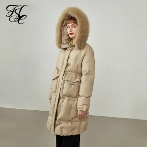 Women's Mid-length Fox Fur Collar Down Jacket Winter Horn Buckle Waist Apricot Thicken Down Coats Green Straight Coat