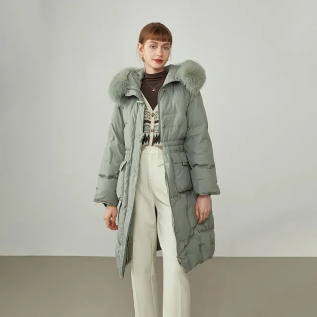 Women's Mid-length Fox Fur Collar Down Jacket Winter Horn Buckle Waist Apricot Thicken Down Coats Green Straight Coat