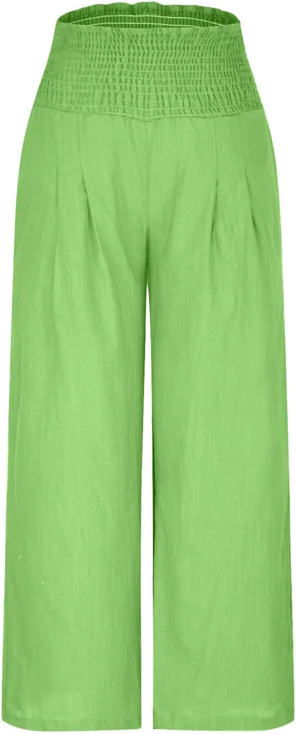 Womens Palazzo Cotton Linen Pants 2025 Trendy High Elastic Waist Wide Leg Trousers Summer Beach Resort Lounge Pant