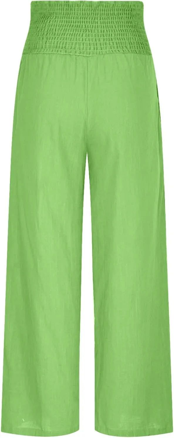 Womens Palazzo Cotton Linen Pants 2025 Trendy High Elastic Waist Wide Leg Trousers Summer Beach Resort Lounge Pant