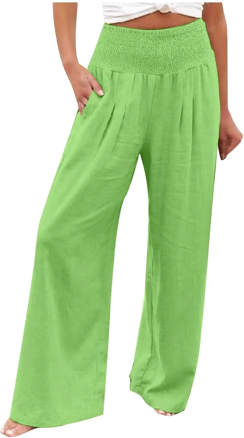 Womens Palazzo Cotton Linen Pants 2025 Trendy High Elastic Waist Wide Leg Trousers Summer Beach Resort Lounge Pant