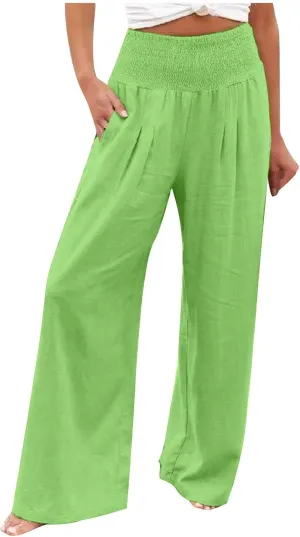 Womens Palazzo Cotton Linen Pants 2025 Trendy High Elastic Waist Wide Leg Trousers Summer Beach Resort Lounge Pant