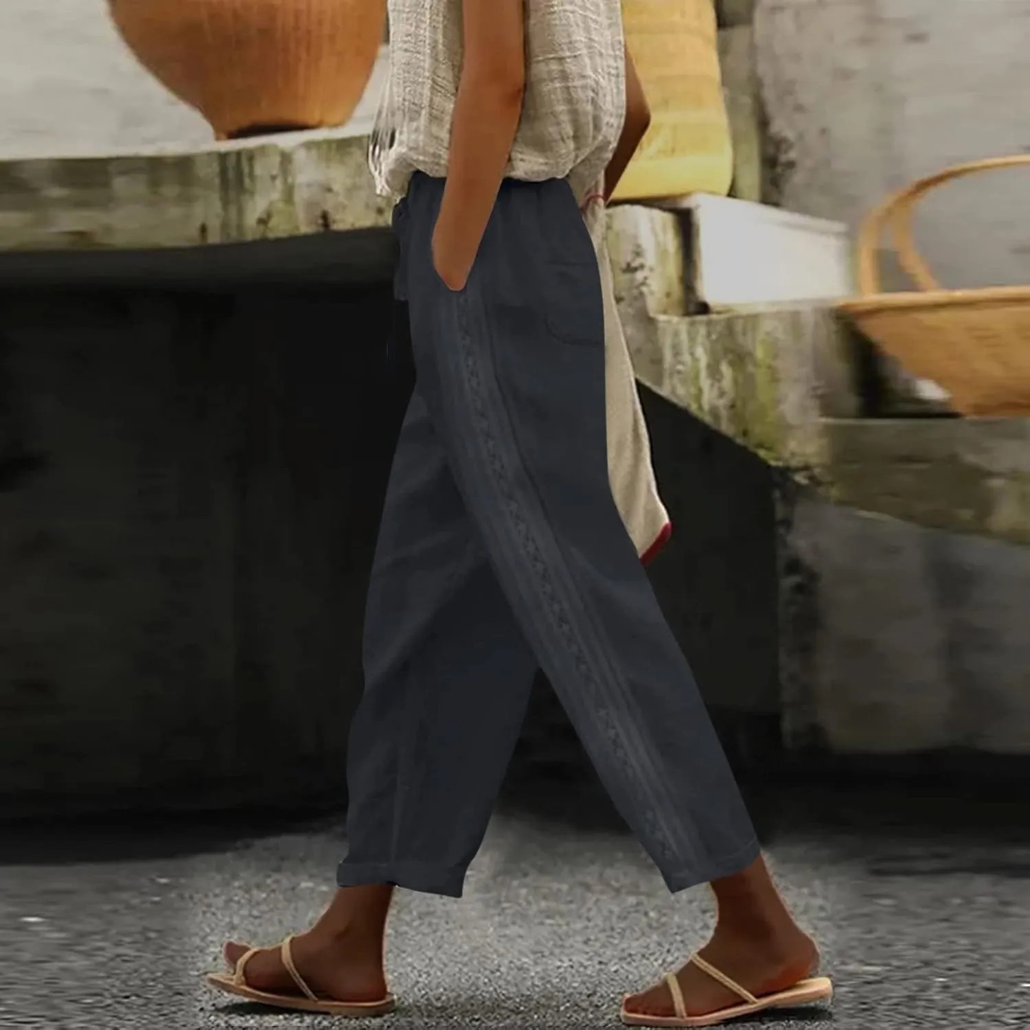 Women's Pants, Linen Straight Leg WomenS Casual Pants Peasant Drawstring Baggy Trousers