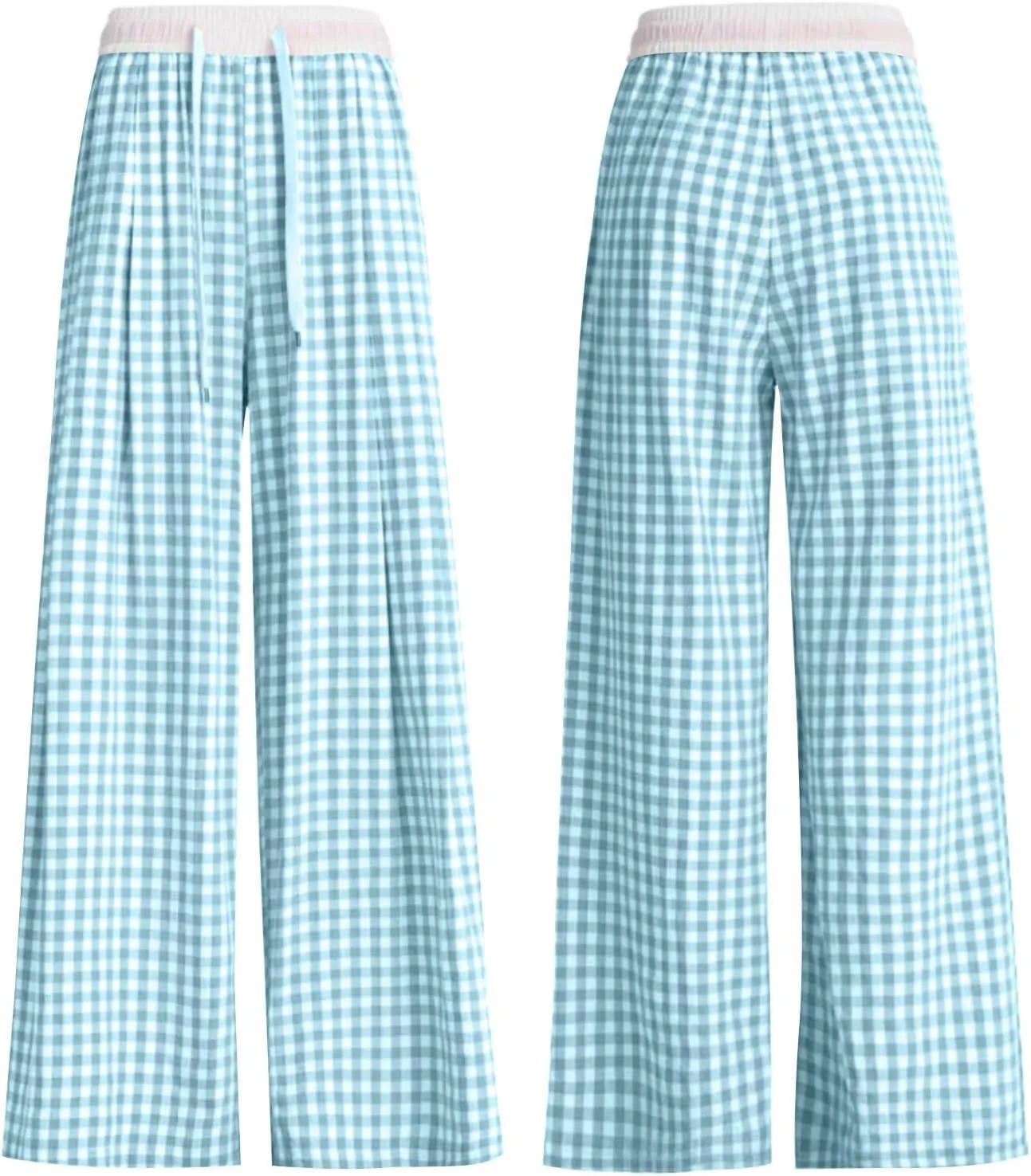 Women's Plaid Pants Summer Casual Trendy Loose Color Block Palazzo Pants High Waist Lightweight Flowy Beach Trouser