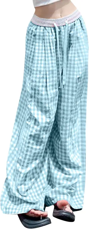 Women's Plaid Pants Summer Casual Trendy Loose Color Block Palazzo Pants High Waist Lightweight Flowy Beach Trouser