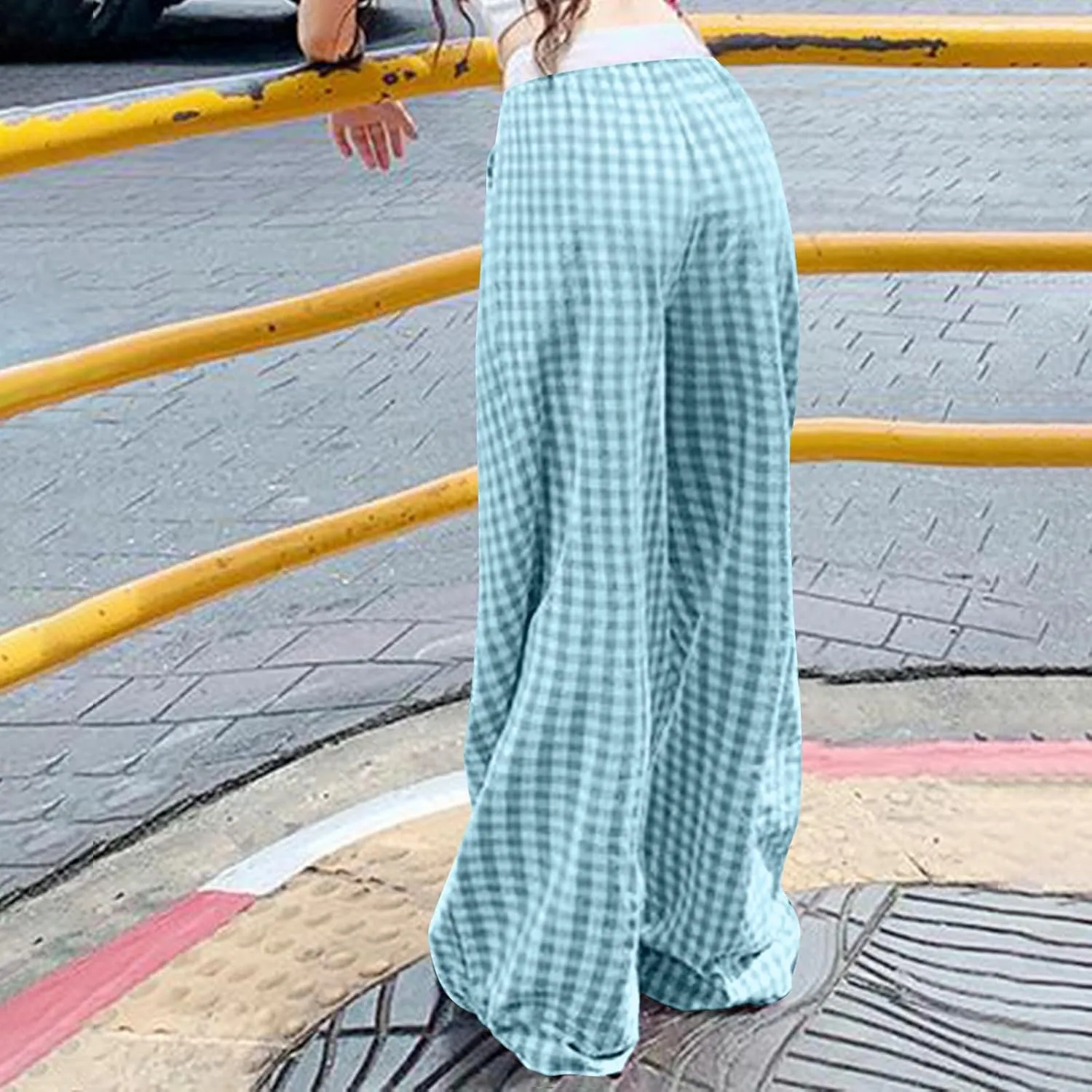 Women's Plaid Pants Summer Casual Trendy Loose Color Block Palazzo Pants High Waist Lightweight Flowy Beach Trouser