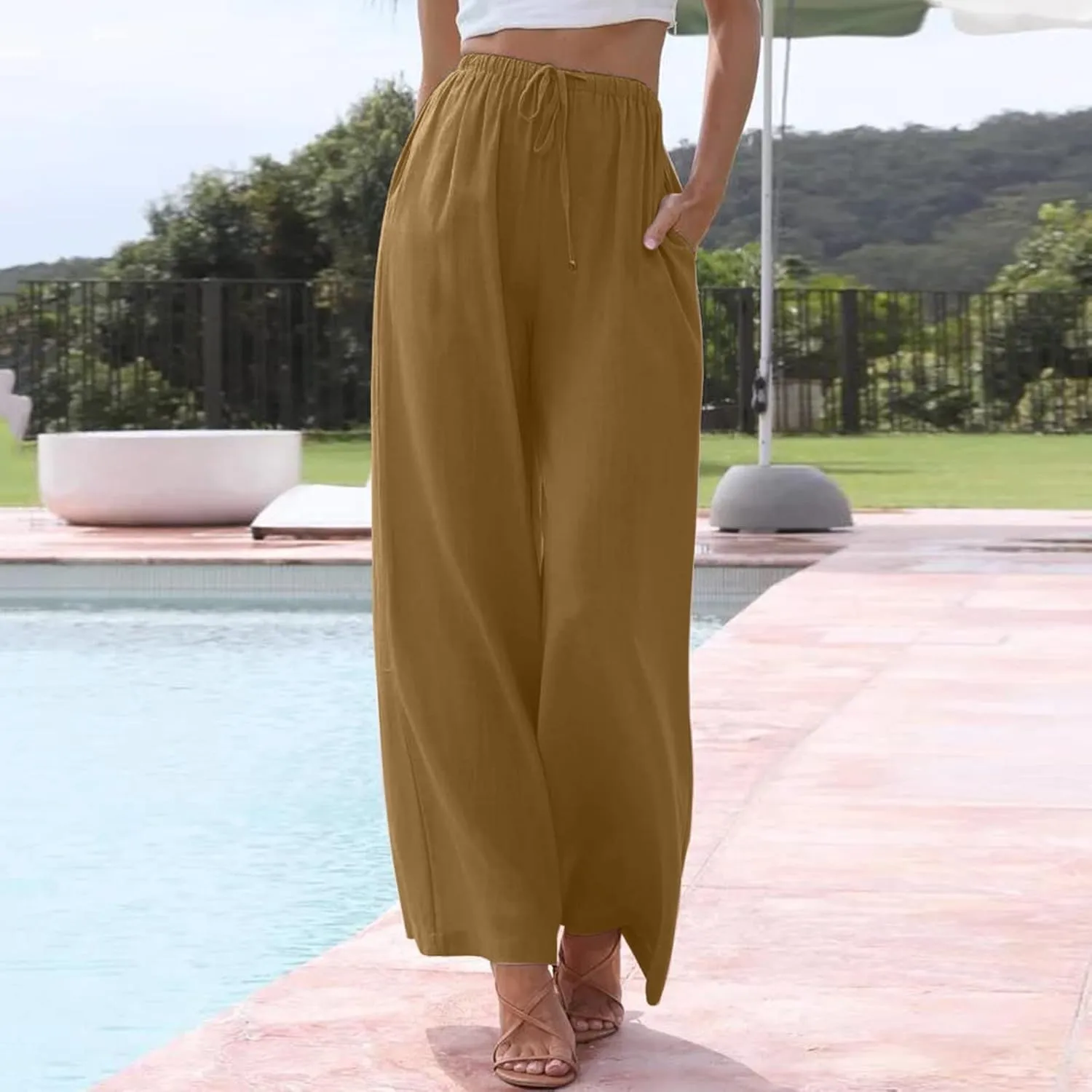 Women's Plus Size Linen Cotton Blend Office Capris Summer Wrinkle-Free Ankle Pants with Hidden Pockets