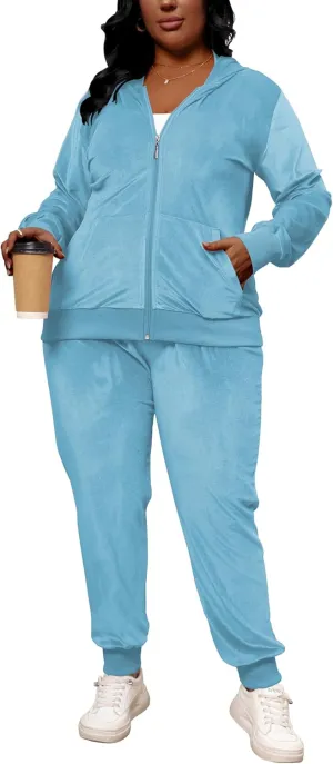Women's Plus Size Two Piece Outfits Velour Sweatsuits Sets Long Sleeve Loungewear Tracksuit Sets