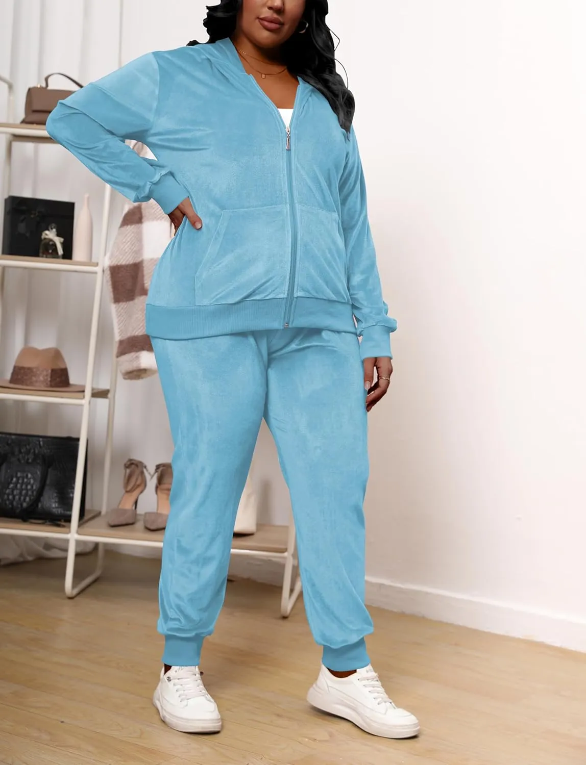 Women's Plus Size Two Piece Outfits Velour Sweatsuits Sets Long Sleeve Loungewear Tracksuit Sets