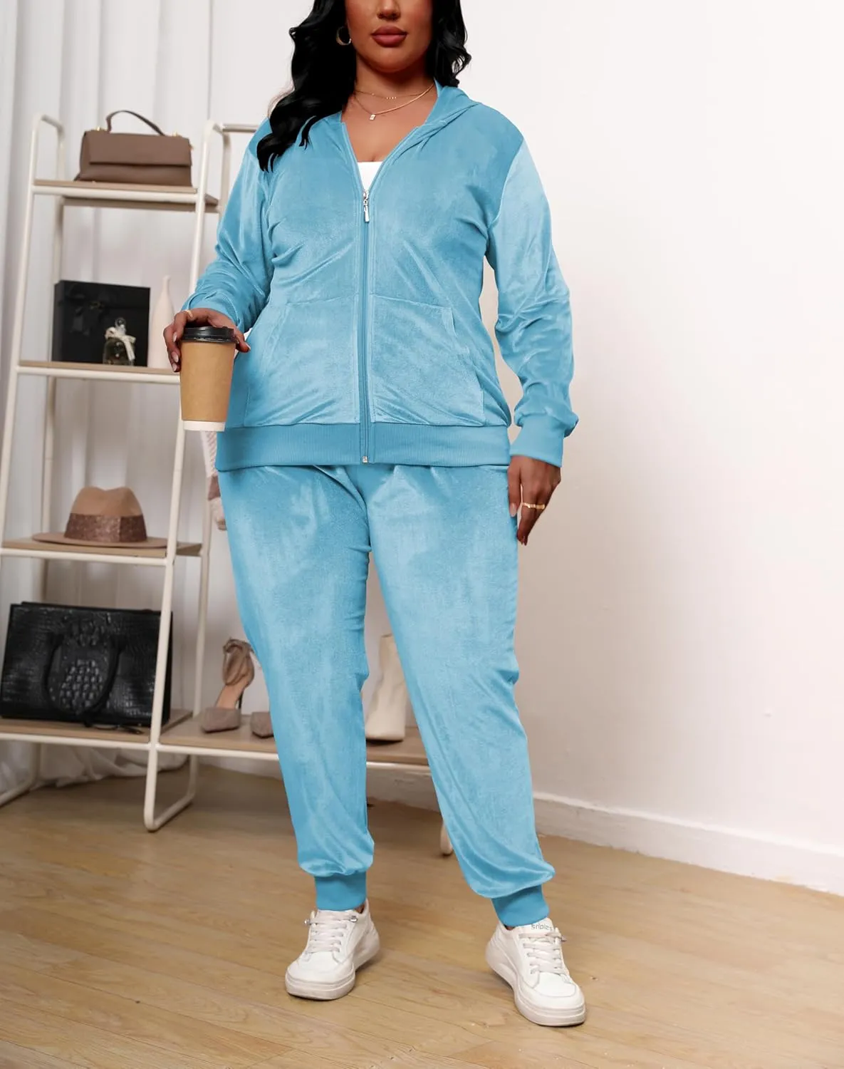 Women's Plus Size Two Piece Outfits Velour Sweatsuits Sets Long Sleeve Loungewear Tracksuit Sets