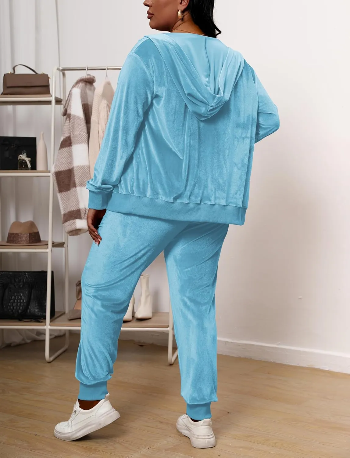 Women's Plus Size Two Piece Outfits Velour Sweatsuits Sets Long Sleeve Loungewear Tracksuit Sets