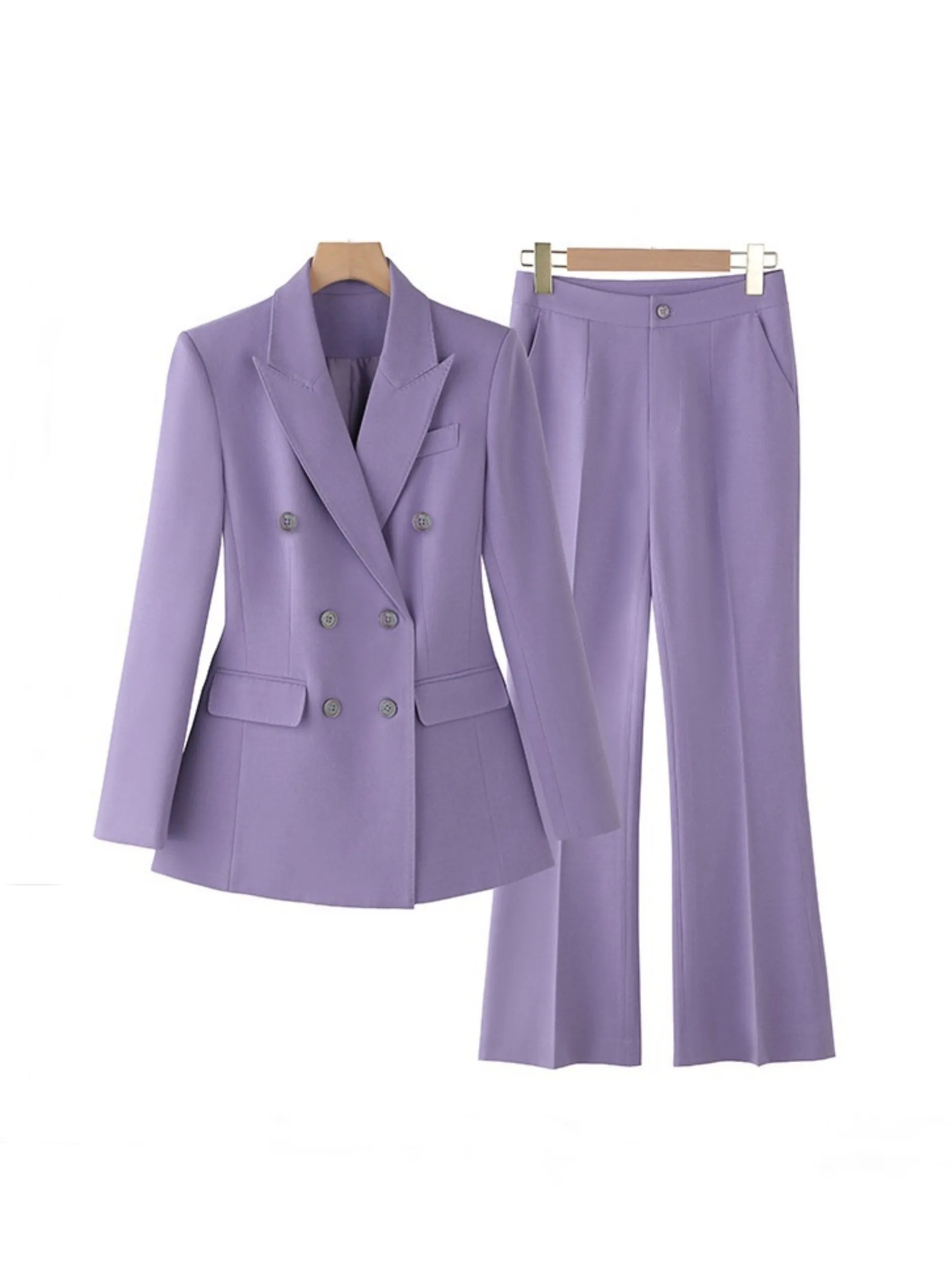 Women's Purple Peak Laple Satin Double Breasted 2 Pieces Suits