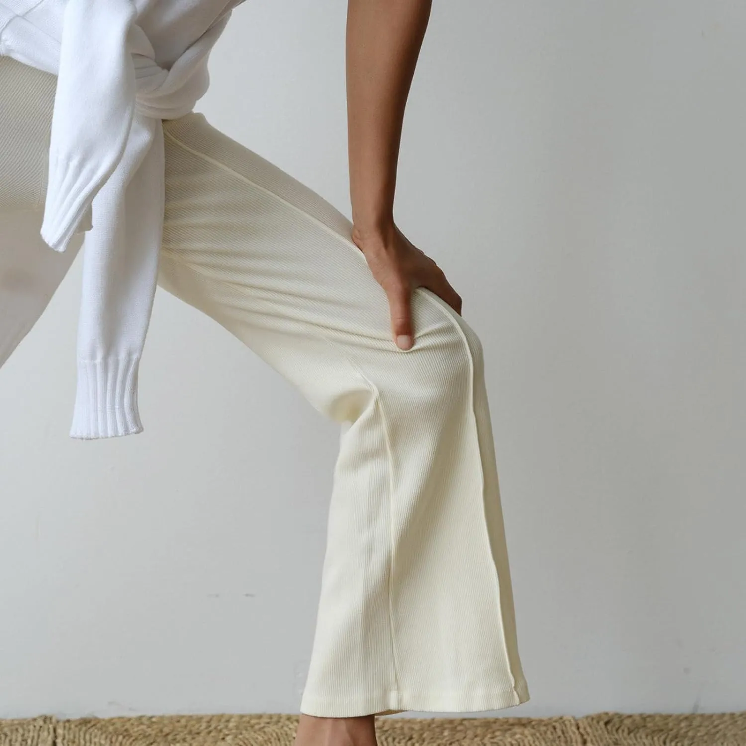 Women's Rib Flare Pants Elastic High Waist Seamed Creases Bell Bottom Trousers Workout Sweatpants