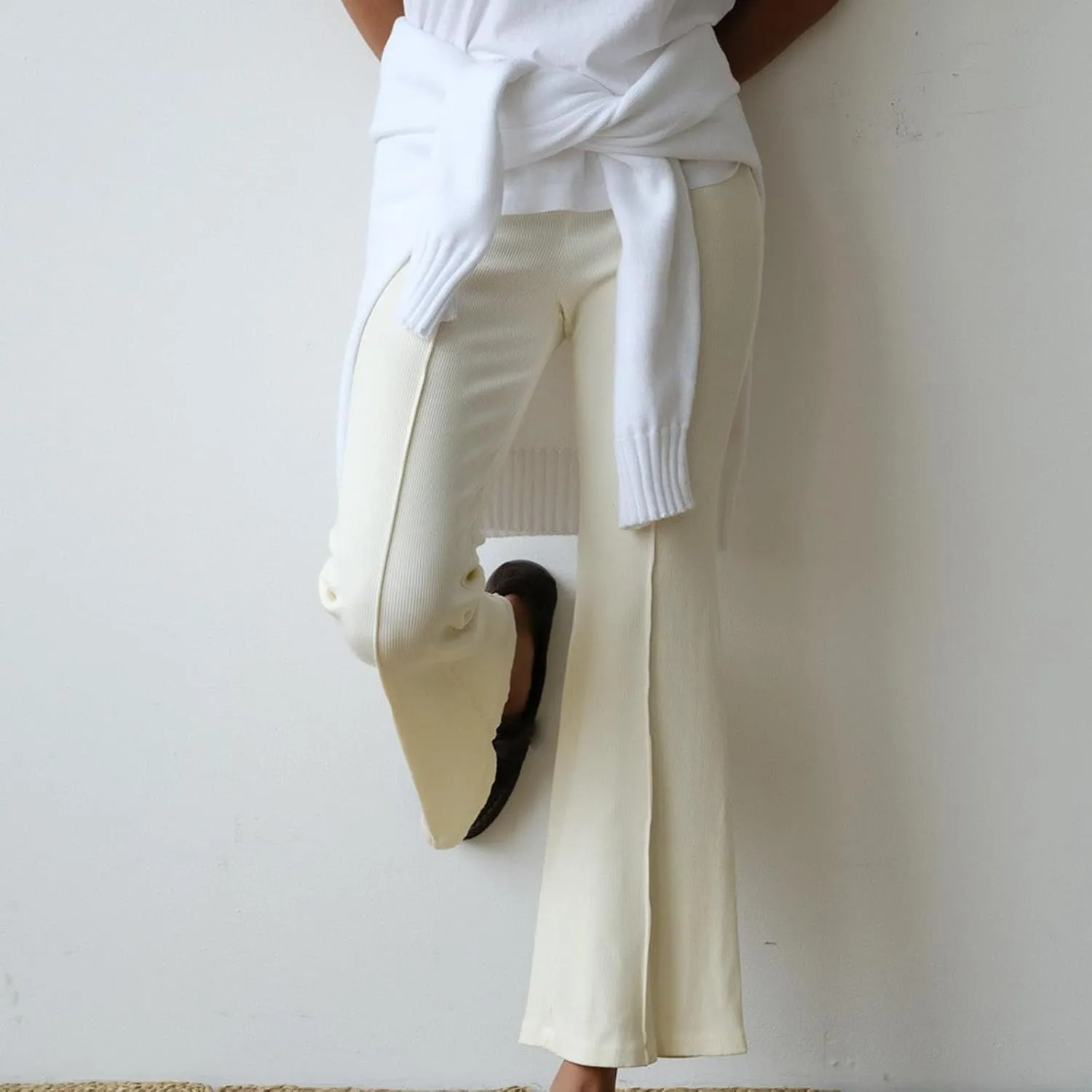 Women's Rib Flare Pants Elastic High Waist Seamed Creases Bell Bottom Trousers Workout Sweatpants