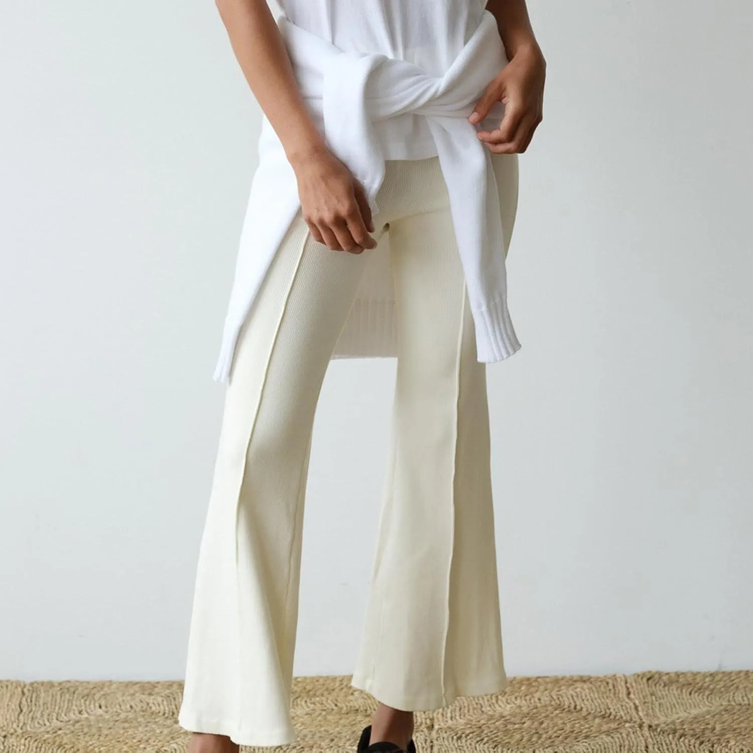 Women's Rib Flare Pants Elastic High Waist Seamed Creases Bell Bottom Trousers Workout Sweatpants
