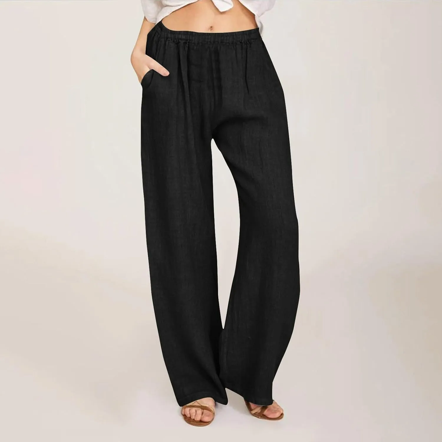 Women's Solid Color Pants Summer Casual Elastic Waist Loose Fit Pants Wide Leg Lounge Long Trousers with Pockets