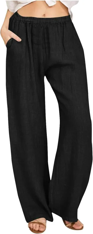 Women's Solid Color Pants Summer Casual Elastic Waist Loose Fit Pants Wide Leg Lounge Long Trousers with Pockets