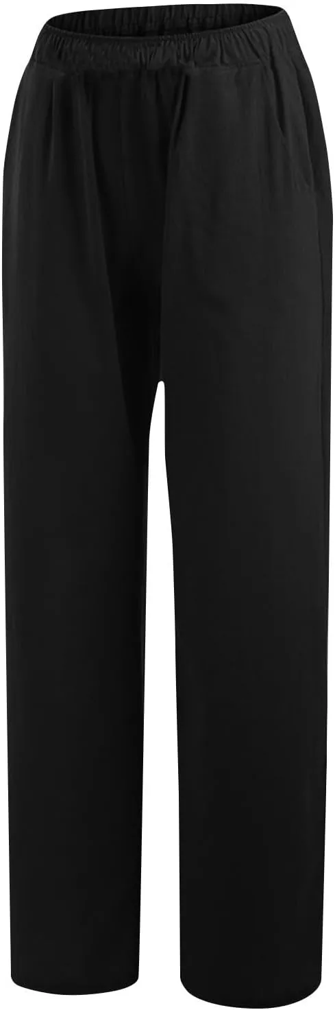 Women's Solid Color Pants Summer Casual Elastic Waist Loose Fit Pants Wide Leg Lounge Long Trousers with Pockets